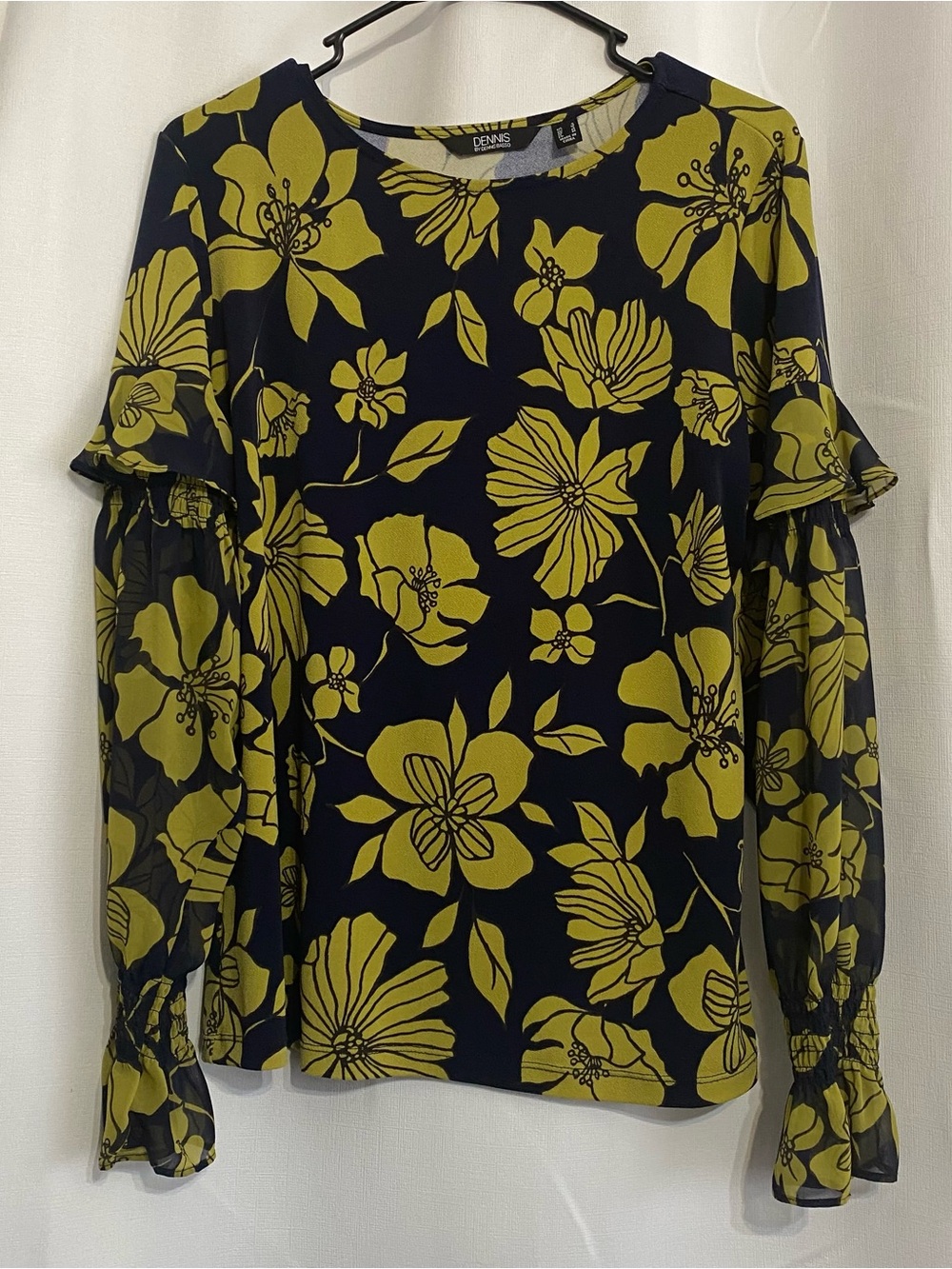 Dennis by Dennis Basso Blue Yellow Floral Print Size Small Blouse Long Sleeve